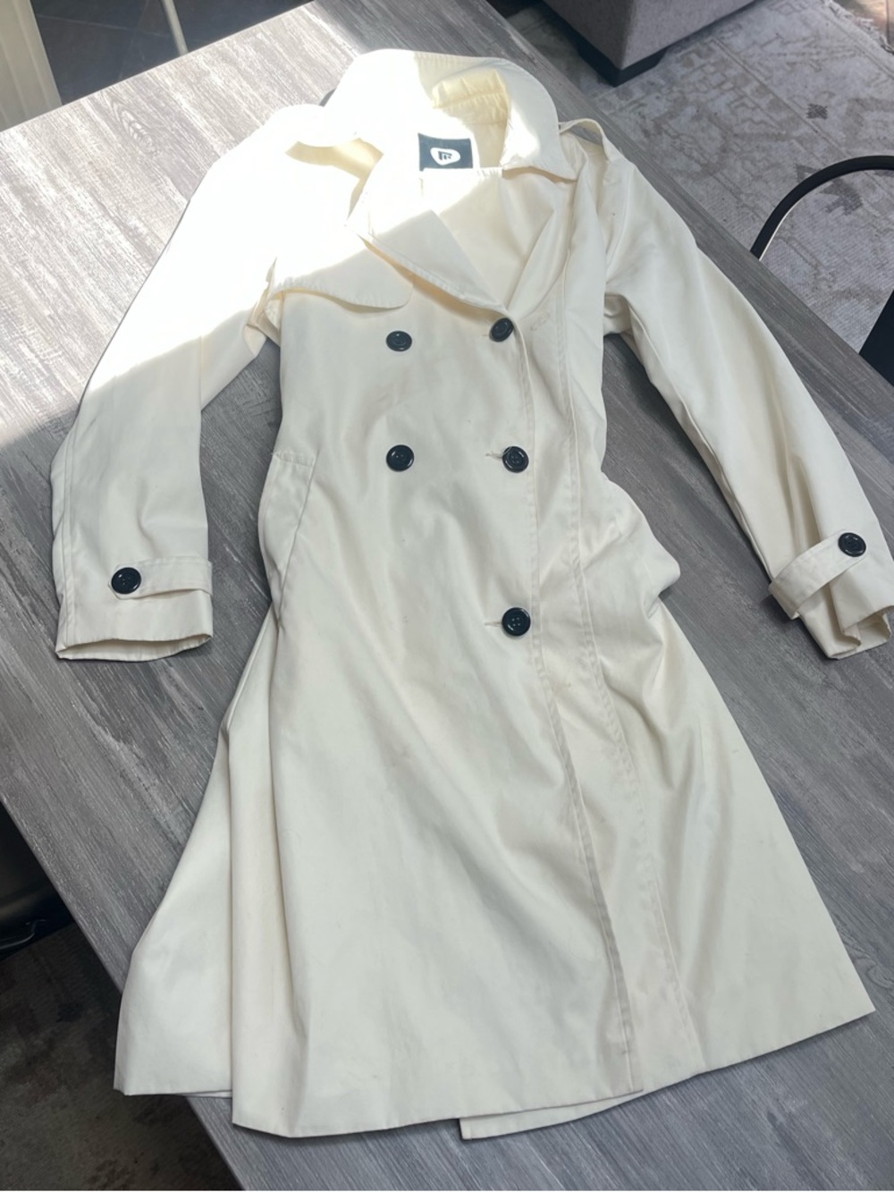 Cream Double-Breasted Trench Coat with Black Buttons